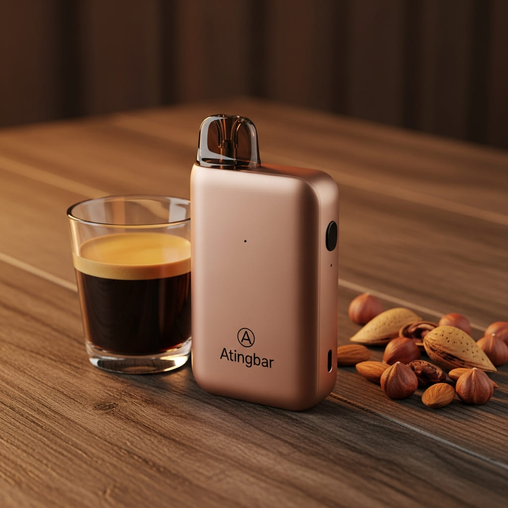 Premium closed pod vape device paired with roasted hazelnuts and espresso, highlighting Atingbar's mastery in complex nut flavor e-liquids.